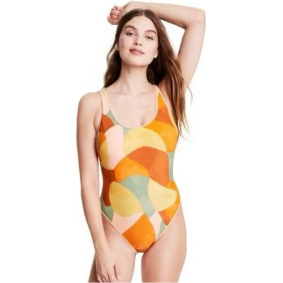 Fe Noel orange peach green multicolored one piece swimsuit - Picture 2 of 10